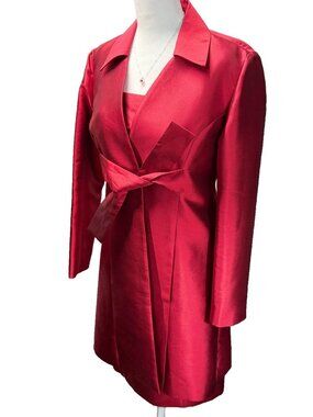 VTG Melinda Eng Red Silk Wool Wrap Coat and Strapless Cocktail Dress Set Size 6